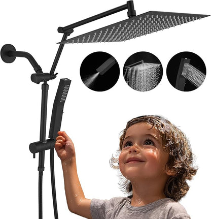 All Metal 12 Inch Rain Shower Head with Handheld Spray Combo, High Pressure Waterfall Rainfall Square Shower Heads with 16" Adjustable Extension Arm, Dual Showerhead with 3-Way Diverter, Matte Black