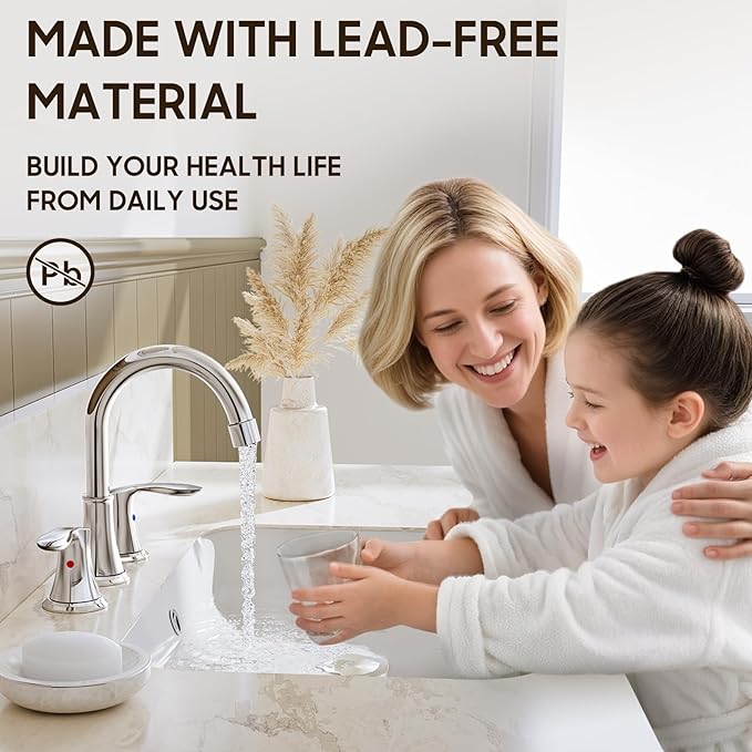 Phiestina Widespread 8 Inch 3 Holes Bathroom Faucet，2 Handles Chrome Modern Bathroom Sink Faucet with Metal Pop-Up Drain & Water Supply Lines, WFTY36-C