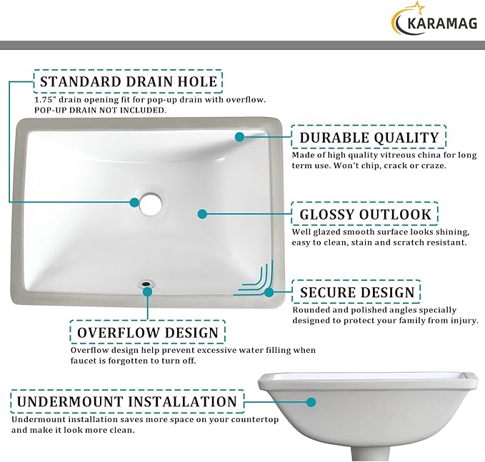 Durable Rectangle Undermount Sink Vitreous Ceramic Lavatory Vanity Bathroom Restroom Sink Pure White (18.3"X13.0")