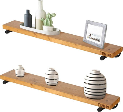 TEN49 Industrial Pipe Wood Wall Shelf - 36" Real Wooden Shelving w/Special Walnut Color - Modern Interior Decor Floating Shelves w/Iron Pipe Brackets - Rustic Farmhouse Style Bookshelf - Set of 2