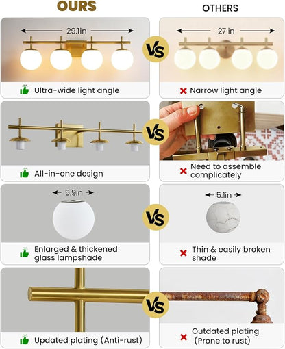 AIJIASI Bathroom Light Fixtures, 4-Light Brushed Gold Bathroom Vanity Lights Over Mirror, 30.7 Inch Modern Vanity Lighting with Milky White Glass Globe Shade Wall Sconce Lighting Bath