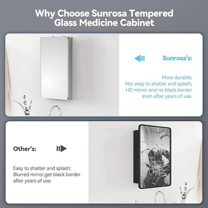 Sunrosa Medicine Cabinet with Mirror, 16" W x 31.5" H, 1 Door, Wall-Mounted & Recessed Bathroom Medicine Cabinet with Tempered Glass Mirror