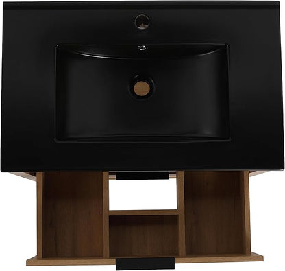 SSLine Free Standing Bathroom Vanity with Sink Modern 30" Bathroom Vanity with Top Basin&Storage Drawers Oak Wood Bath Vanity w/Black Ceramic Sink for Small Bathroom Powder Room