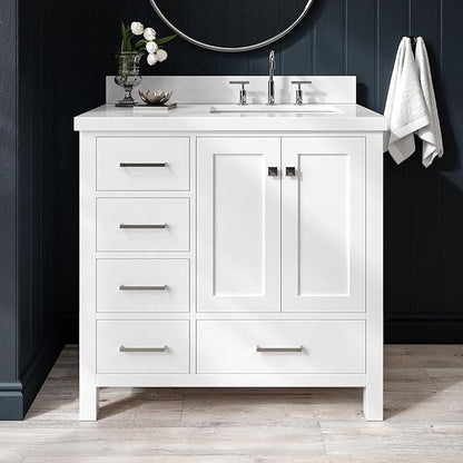 ARIEL Cambridge 36-inch Bathroom Vanity with Sink,Solid Wood, 1.5-inch Pure White Quartz Countertop & Backsplash, Single Rectangular Porcelain Sink, 2 Soft Closing Doors, 5 Dovetail Drawers, White
