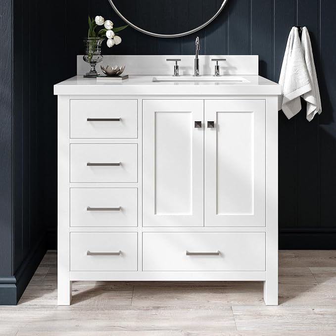 ARIEL Cambridge 36-inch Bathroom Vanity with Sink,Solid Wood, 1.5-inch Pure White Quartz Countertop & Backsplash, Single Rectangular Porcelain Sink, 2 Soft Closing Doors, 5 Dovetail Drawers, White