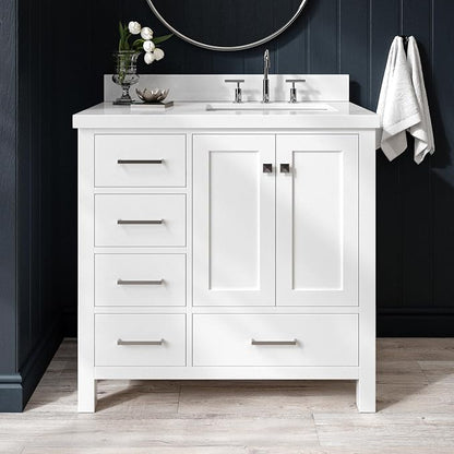 ARIEL Cambridge 36-inch Bathroom Vanity with Sink,Solid Wood, 1.5-inch Pure White Quartz Countertop & Backsplash, Single Rectangular Porcelain Sink, 2 Soft Closing Doors, 5 Dovetail Drawers, White