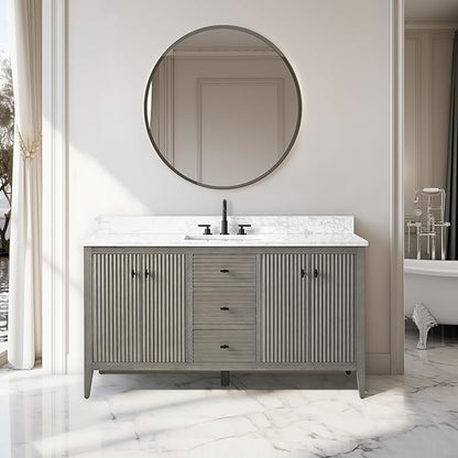 Vanity Art 60 inch Bathroom Vanity with Single Sink & Ceramic Top, Vanity Cabinet with Soft-Closing Door, Solid Wood Frame, Linear Pattern, Driftwood Gray, VA9160-SDG-MB,Matte Black Handles