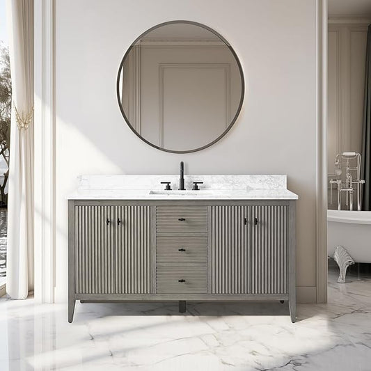 Vanity Art 60 inch Bathroom Vanity with Single Sink & Ceramic Top, Vanity Cabinet with Soft-Closing Door, Solid Wood Frame, Linear Pattern, Driftwood Gray, VA9160-SDG-MB,Matte Black Handles
