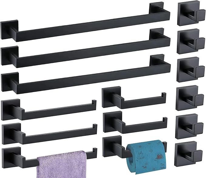 Bathroom Hardware Set 15 Piece Matte Black Bathroom Accessories Set SUS304 Towel Bar Set Includes 3 Towel Bar 24 Inch+3 Towel Holder+3 Toilet Paper Holder+6 Towel Hooks (15, Matte Black, 24 Inch)