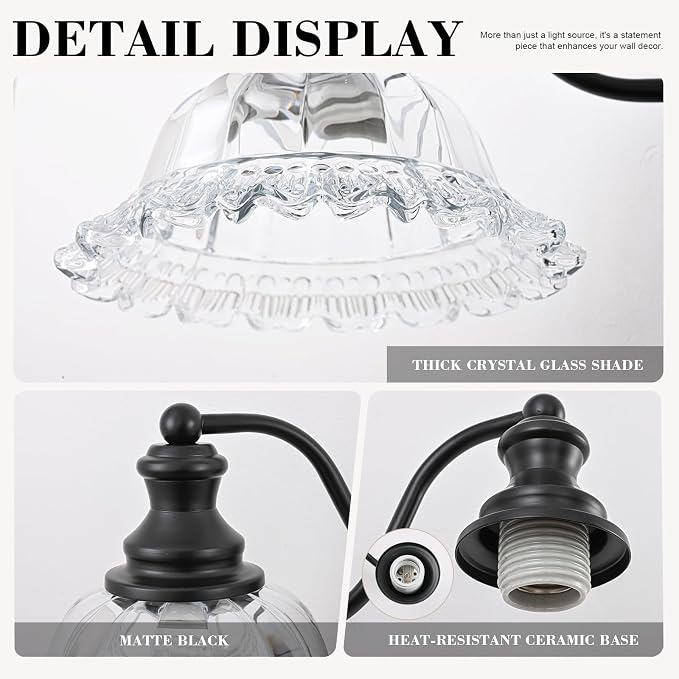 Black Bathroom Light Fixtures Over Mirror, 2 Light Vintage Bathroom Vanity Light Fixture with Clear Flower Glass Shades, Retro Vanity Lights for Bathroom, Bathroom Vanity Lights Over Mirror