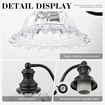 Black Bathroom Light Fixtures Over Mirror, 2 Light Vintage Bathroom Vanity Light Fixture with Clear Flower Glass Shades, Retro Vanity Lights for Bathroom, Bathroom Vanity Lights Over Mirror