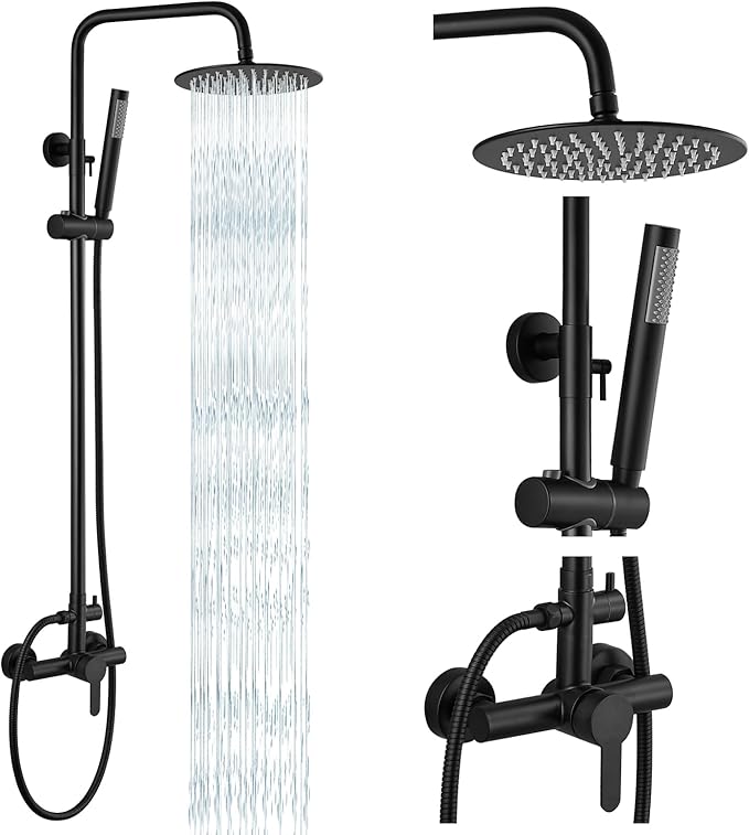 gotonovo Outdoor Shower Kit 304 Stainless Steel, Matte Black, 8 Inch | Rain Outdoor Shower Head and Handle Set Fixture System Faucet, Exposed Wall Mounted, for Outside Yard Pool Seaside/Indoor