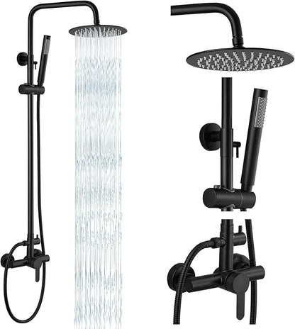 gotonovo Outdoor Shower Kit 304 Stainless Steel, Matte Black, 8 Inch | Rain Outdoor Shower Head and Handle Set Fixture System Faucet, Exposed Wall Mounted, for Outside Yard Pool Seaside/Indoor