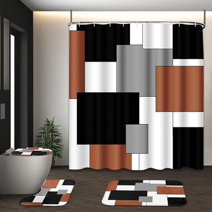 Bathroom Sets with Shower Curtain and Rugs, 4 Pcs, Geometric Modern | Abstract Checkered Brown Bathroom Decor Set with Toilet Lid Cover, Non-Slip Bath Mats and Accessories 12 Hooks