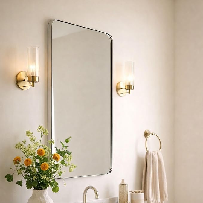 GRACTO 24x40'' Brushed Nickel Metal Framed Bathroom Mirror for Wall in Stainless Steel Rounded Rectangular Bathroom Vanity Mirrors Wall Mounted