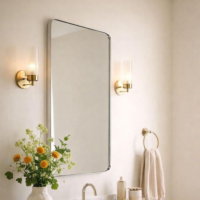 GRACTO 24x30'' Chrome Metal Framed Bathroom Mirror for Wall in Stainless Steel Rounded Rectangular Bathroom Vanity Mirrors Wall Mounted