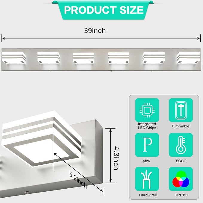 SOLFART Modern LED Vanity Lights Fixtures: 6 Lights Acrylic LED Brushed Nickel Vanity Lights for Bathroom 39inch 5CCT