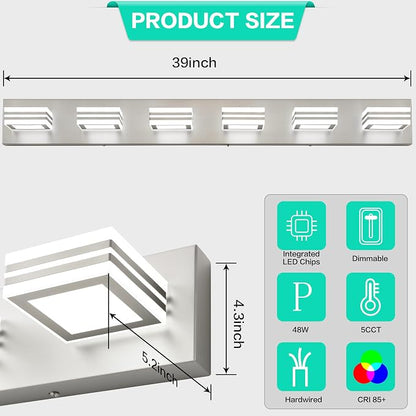 SOLFART Modern LED Vanity Lights Fixtures: 6 Lights Acrylic LED Brushed Nickel Vanity Lights for Bathroom 39inch 5CCT