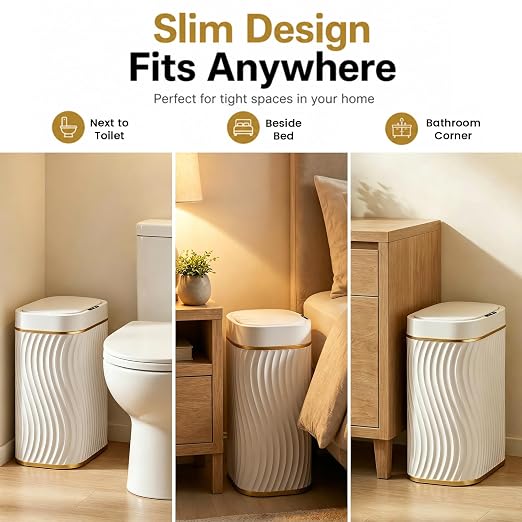 Bathroom Small Trash Can with Automatic Touchless Lid, 2.6 Gallon Smart Garbage Can Narrow Waterproof Trash Bin for Bedroom, Office, Living Room
