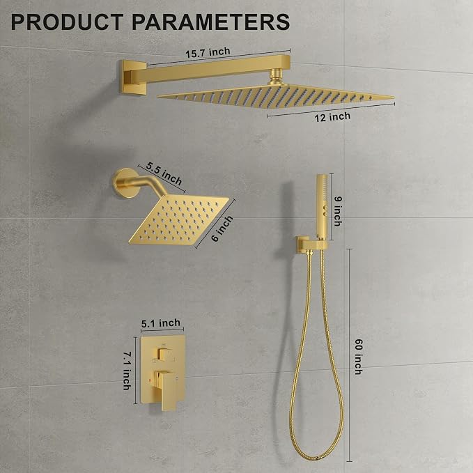 Rain Shower System 12" & 6" Dual Shower Heads, Wall Mount Shower Faucet Set | Ideal for bathroom remodels and upgrades with 12" rain shower, 6" angled shower, handheld spray and complete valve kit.