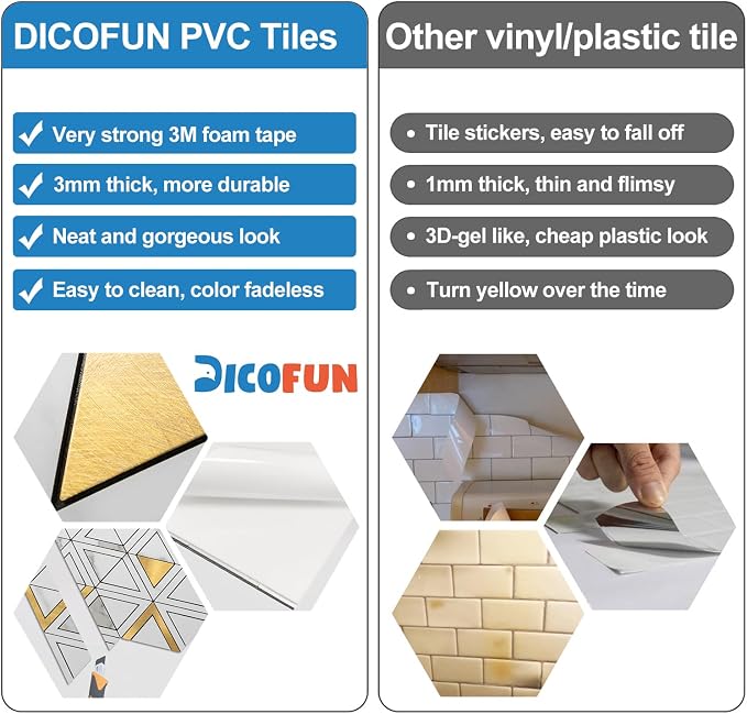 DICOFUN 20-Sheet White Marble Look Triangle Mosaic Tiles Peel and Stick Backsplash for Kitchen, PVC Mixed Metal Gold Chevron Stick on Backsplash Wall Tiles