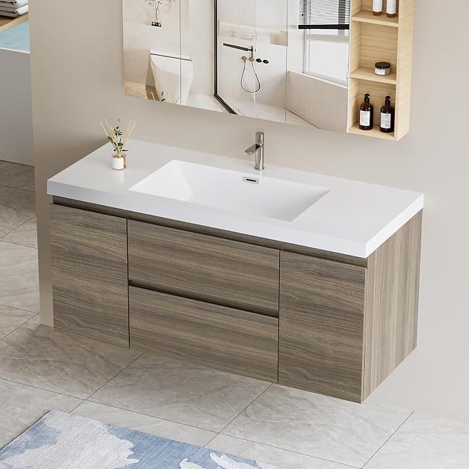 Floating Vanity Bathroom, 48 Inch Bathroom Vanity with Sink, Wall Mounted Single Sink Bathroom Vanity, Soft Closed 2 Drawers, Integrated Sink (Ash Grey)