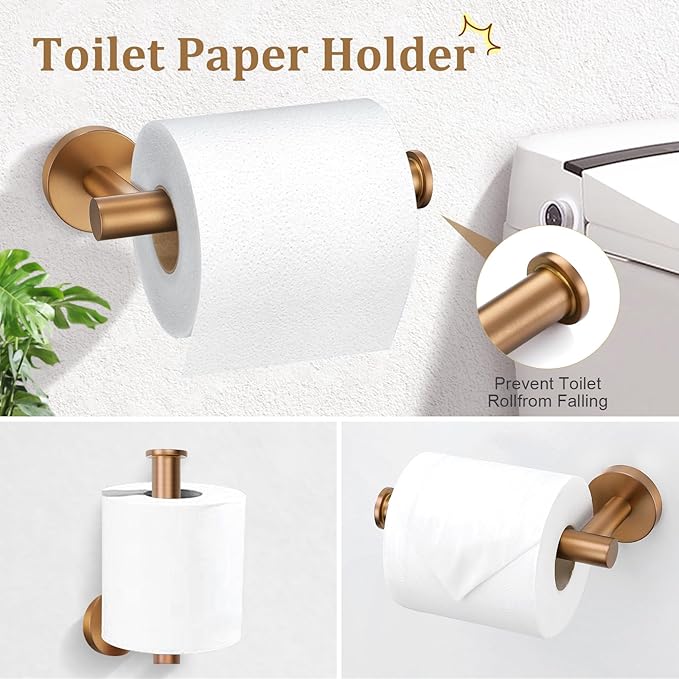 TURS Brushed Rose Gold 5 Piece Bathroom Hardware Set, SUS304 Stainless Steel 23.6 Inch Bath Towel Bar Set, Round Bathroom Accessories Kit Wall Mounted