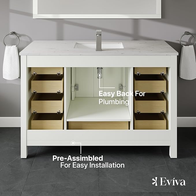 Eviva London 48 Bathroom Vanity with Top, Sink, and Quartz Countertop - Freestanding Single Sink Vanity for Modern Bathrooms