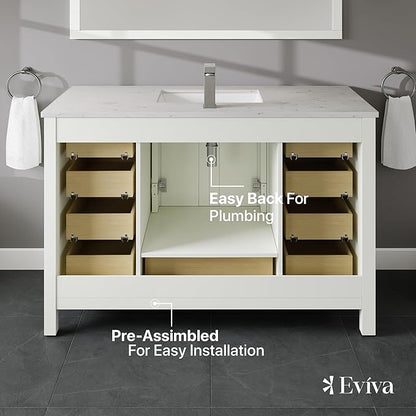 Eviva London 48 Bathroom Vanity with Top, Sink, and Quartz Countertop - Freestanding Single Sink Vanity for Modern Bathrooms