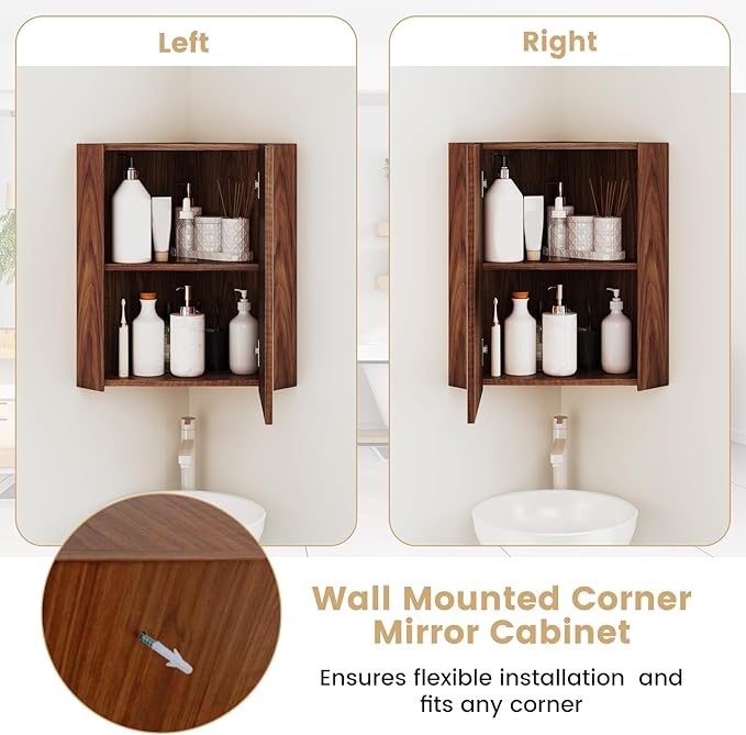 Giantex Corner Medicine Cabinet, 23.5” Over The Toilet Storage Cabinet with Mirror Door, Adjustable Shelf, Clear Reflection, Space-Saving Mirrored Cabinet, Bathroom Wall Cabinet for Entryway, Brown