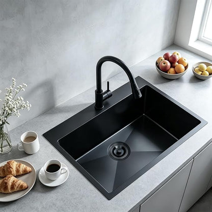 28x18 Inch Black Kitchen Sink, Topmount Drop In Stainless Steel Single Bowl Kitchen Sink, 16 Gauge Extra-Thick Modern Bar Prep RV Laundry Sinks with Mounting Brackets and Basket Strainer