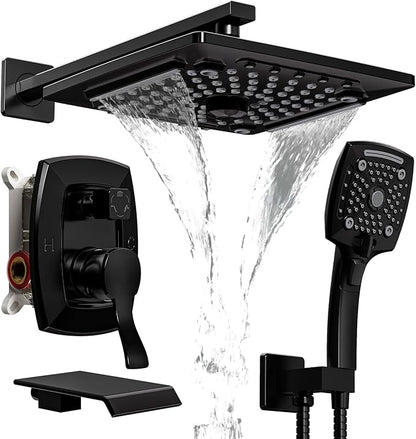 ELLO&ALLO Matte Black Tub Shower Faucet Set with Valve and Trim Kit, Rainfall Waterfall Shower Head with Handheld Combo