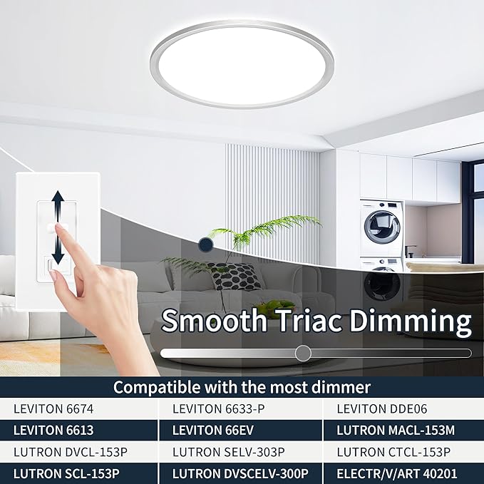 MOONSEA Flush Mount LED Ceiling Light Fixture Brushed Nickel 24 Inch, 50W Dimmable 3000K-4000K-6500K 3 Color Selectable Ceiling Lamp 5000LM Low Profile Ceiling Light for Kitchen Bedroom Hallway