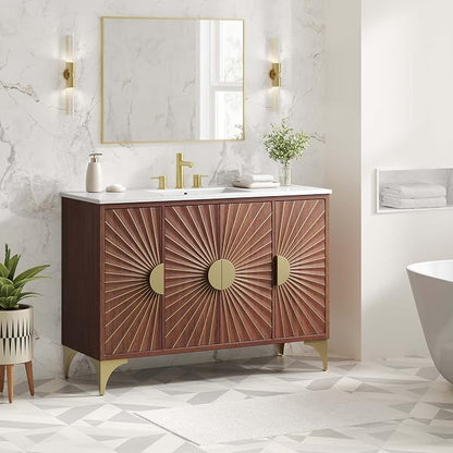 Modway Daylight Bathroom Vanity Cabinet with Ceramic Basin, 48" Single Sink, White Walnut