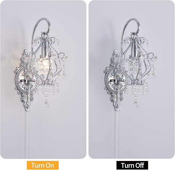 Silver Crystal Vintage Indoor Plug in Cord Wall Sconces Light Set of 2 | Modern Wall Mounted Lamp Light Fixture for Bedroom Living Room Bathroom Vanity Light Hallway Light Fixture Decor LED E12
