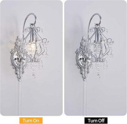 Silver Crystal Vintage Indoor Plug in Cord Wall Sconces Light Set of 2 | Modern Wall Mounted Lamp Light Fixture for Bedroom Living Room Bathroom Vanity Light Hallway Light Fixture Decor LED E12