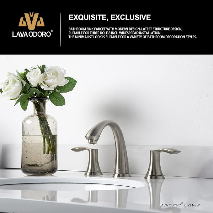 Brushed Nickel Bathroom Faucet, Lava Odoro 8 inch Widespread Bathroom Faucet 3 Hole 2 Handle Bathroom Sink Faucet Modern Bathroom Faucet Vanity Faucet with Drain Assembly Supply Line, BF405-BN