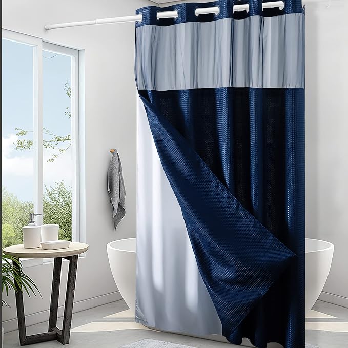 Furlinic Waffle Weave No Hook Shower Curtain with Snap in Fabric Liner Set,Heavy Duty Textured Bathroom Curtain with See Through Window,Waterproof & Machine Washable,Navy Blue,71x72 Inch