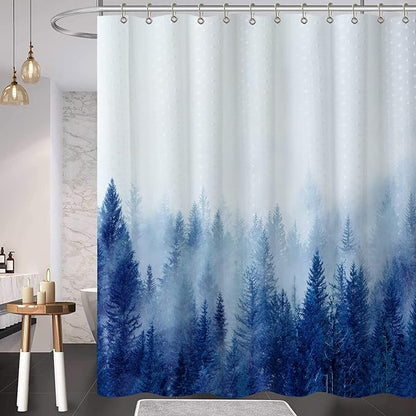 ORTIGIA Blue Misty Forest Shower Curtain Set,Nature Mountain Shower Curtain with Hooks,Fantasy Fog Tree Bath Curtain for Bathroom,Waterproof Polyester Fabric-70 Wx72 L