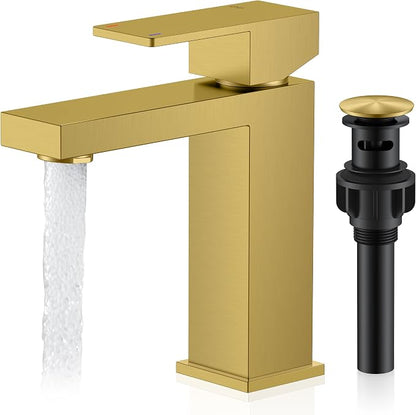 Brushed Gold Bathroom Faucet Single Hole, Single Handle Vanity Faucet | Bathroom Sink Faucet with Pop Up Drain & Supply Lines, Lead-Free cUPC & NSF Certified, 1 Handle Faucet for Vanity RV Restroom