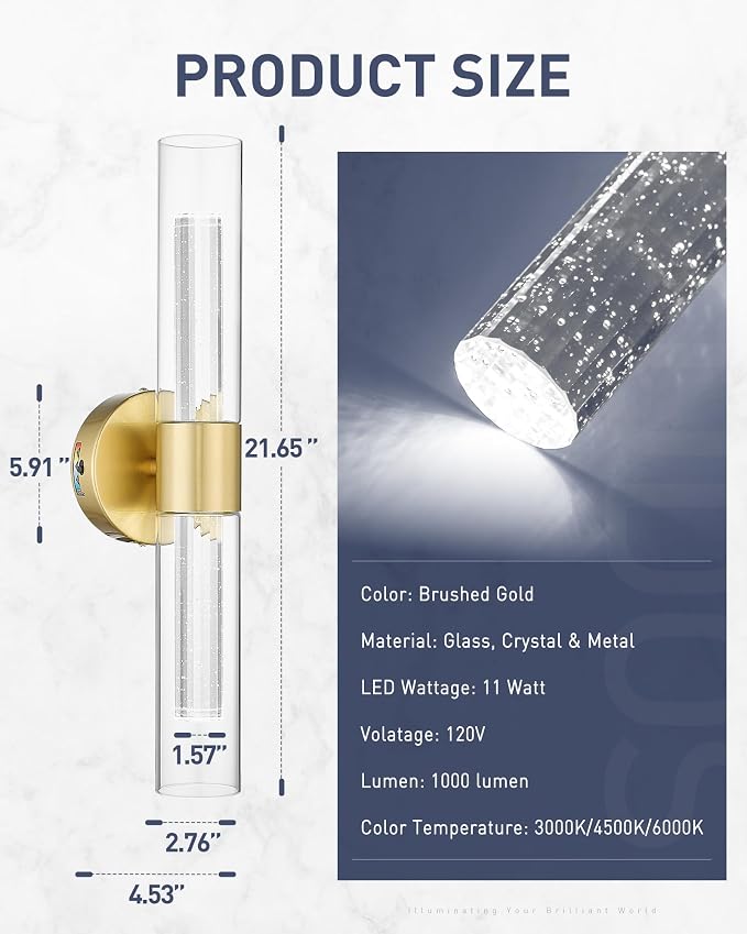 kudos Brushed Gold LED Vanity Light, Crystal Bubble and Clear Glass, 3CCT | 11W, 1000 Lumens,3000K, 4500K and 6000K Selectable, Hardwired, for Bathroom, Bedroom and Over Mirror, KDVL05-GD-2