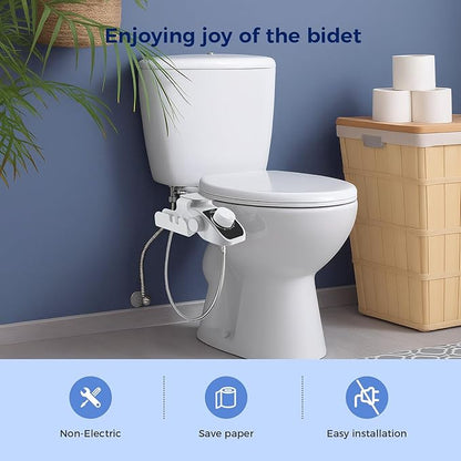 Filtered Bidet Attachment for Toilet, Non-Electric Self Cleaning Bidet Toilet Seat Attachment with Pressure Controls, Dual Nozzles, Multi-Stage Water Softener Filters for Hard Water (White)