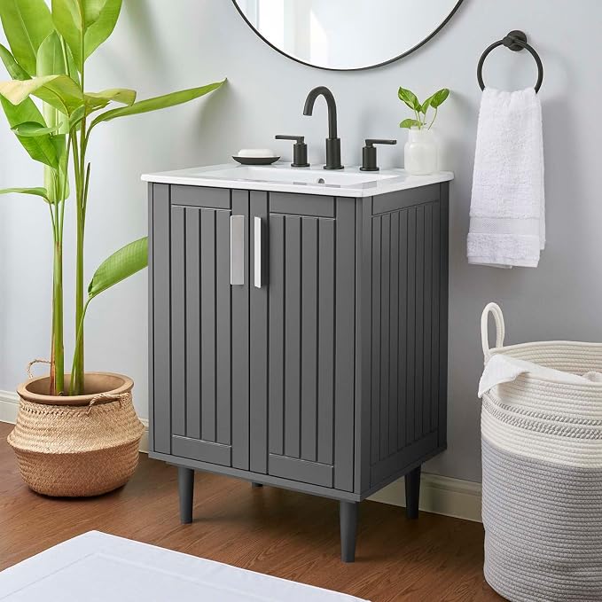 Modway Augusta 24" Bathroom Vanity Cabinet and Ceramic Vessel Sink Basin Combo in Gray White
