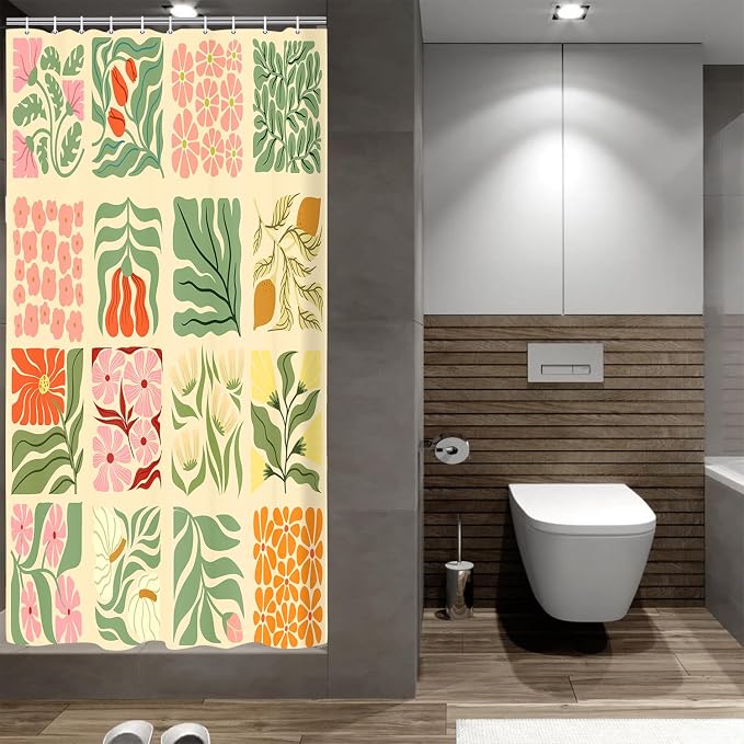 JAWO Retro Shower Curtain Vintage Abstract Boho Floral Shower Curtains for Bathroom Decor Pink Yellow Botanical Geometric Groovy Aesthetic Pattern Shower Curtain Sets with Hooks,70X48IN
