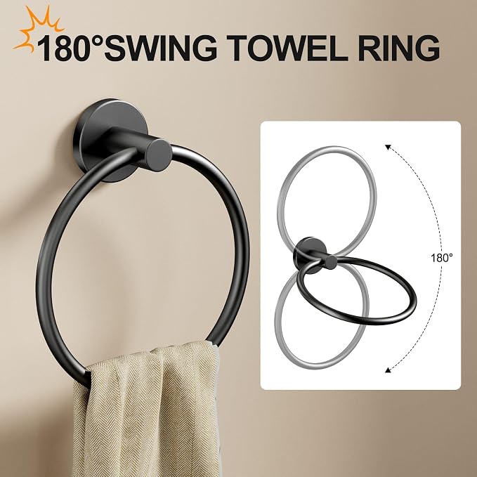 Pokim Matte Black Bathroom Hardware Set - SUS304 Stainless Steel Toilet Paper Holder,Towel Ring and 2 Robe Hooks,Rustproof,Wall Mounted 4 Piece Bathroom Accessories,Easy Installation for Bathroom