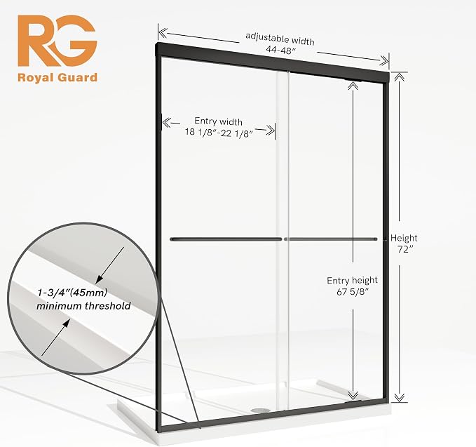 Royal Guard Double Sliding Shower Door 44-48" W x 72" H,Matte Black | 6mm SGCC Tempered Glass,Nano Coating Easy CleanWalk-in Shower Use,Reversible Installation&Waterproof