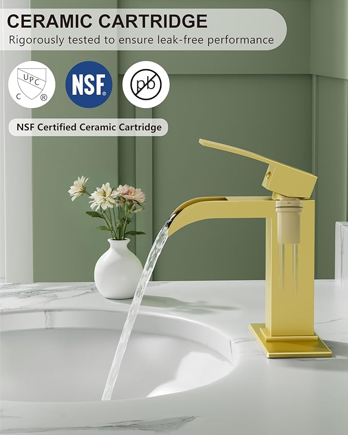 Midanya Waterfall Bathroom Faucet, Single Handle Bathroom Sink Faucet for Sink 1 or 4 Inch 3 Hole, Stainless Steel Vanity Faucets with Deck Plate and Pop up Drain,Brushed Gold