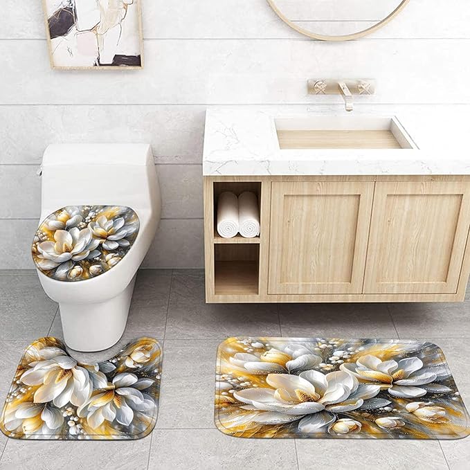 4-Piece Magnolia Flowers Shower Curtain Set Dreamy Beauty Bathroom Set with Shower Curtain and Rugs, Gold White and Gray Bath Curtain with Hooks for Home Decor
