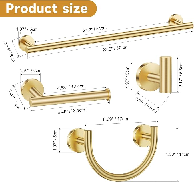 5-Piece Bathroom Hardware Accessories Set,Brushed Gold Towel Bar Set with Smiley Face Towel Rings, Stainless Steel Wall-Mounted Towel Holder Set for Bathroom,23.6 Inch
