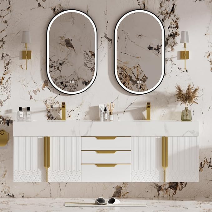 homary 60" Floating Bathroom Vanity Set with Double Sink, Modern Bathroom Sink Cabinet Storage Cabinet with Sintered Stone Countertop and Ample Storage, White